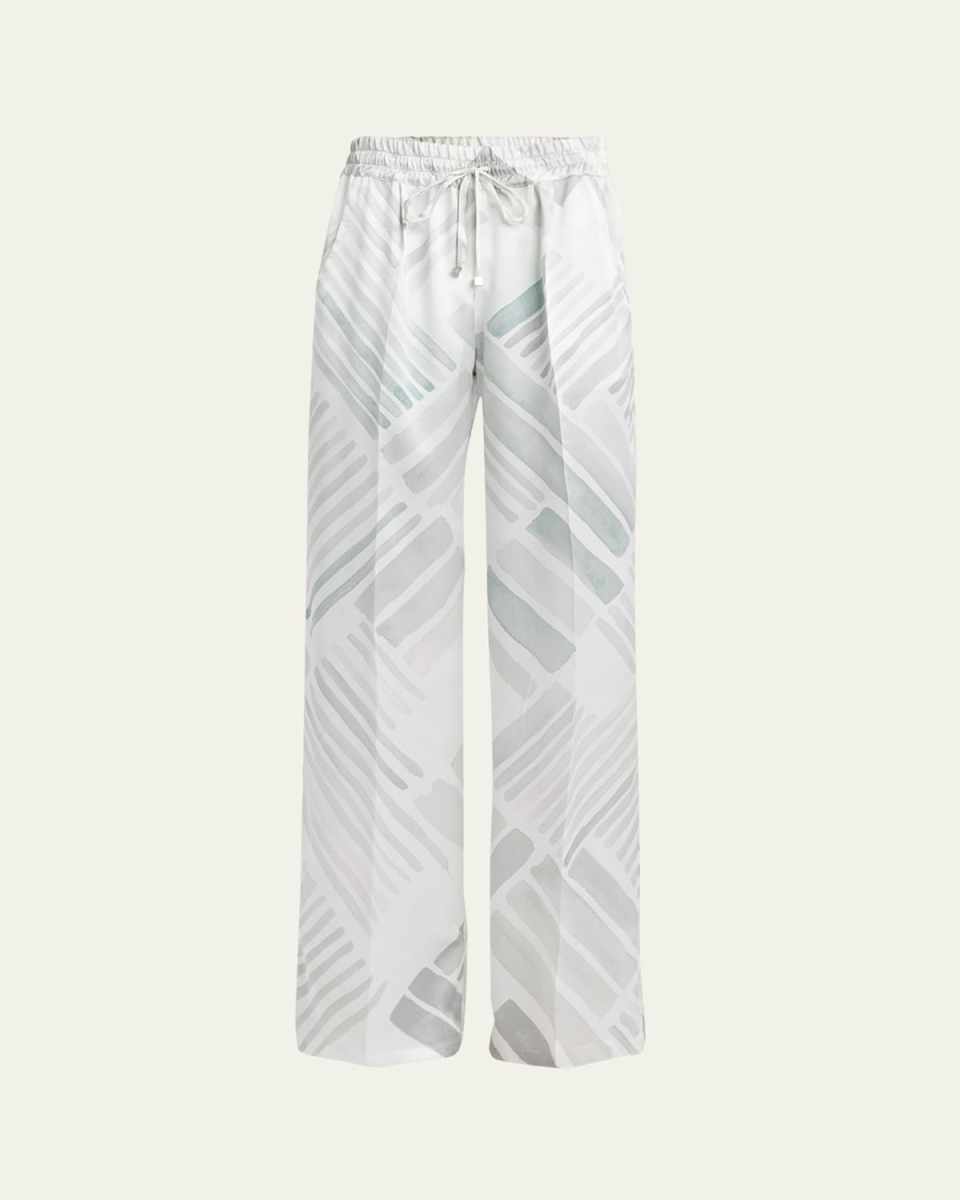 Abstract Drawstring Wide Leg Silk Trousers